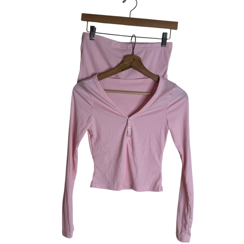 Ribbed Knit Lounge Set Womens Medium Pink Crop Top Shorts Button Stretch Casual